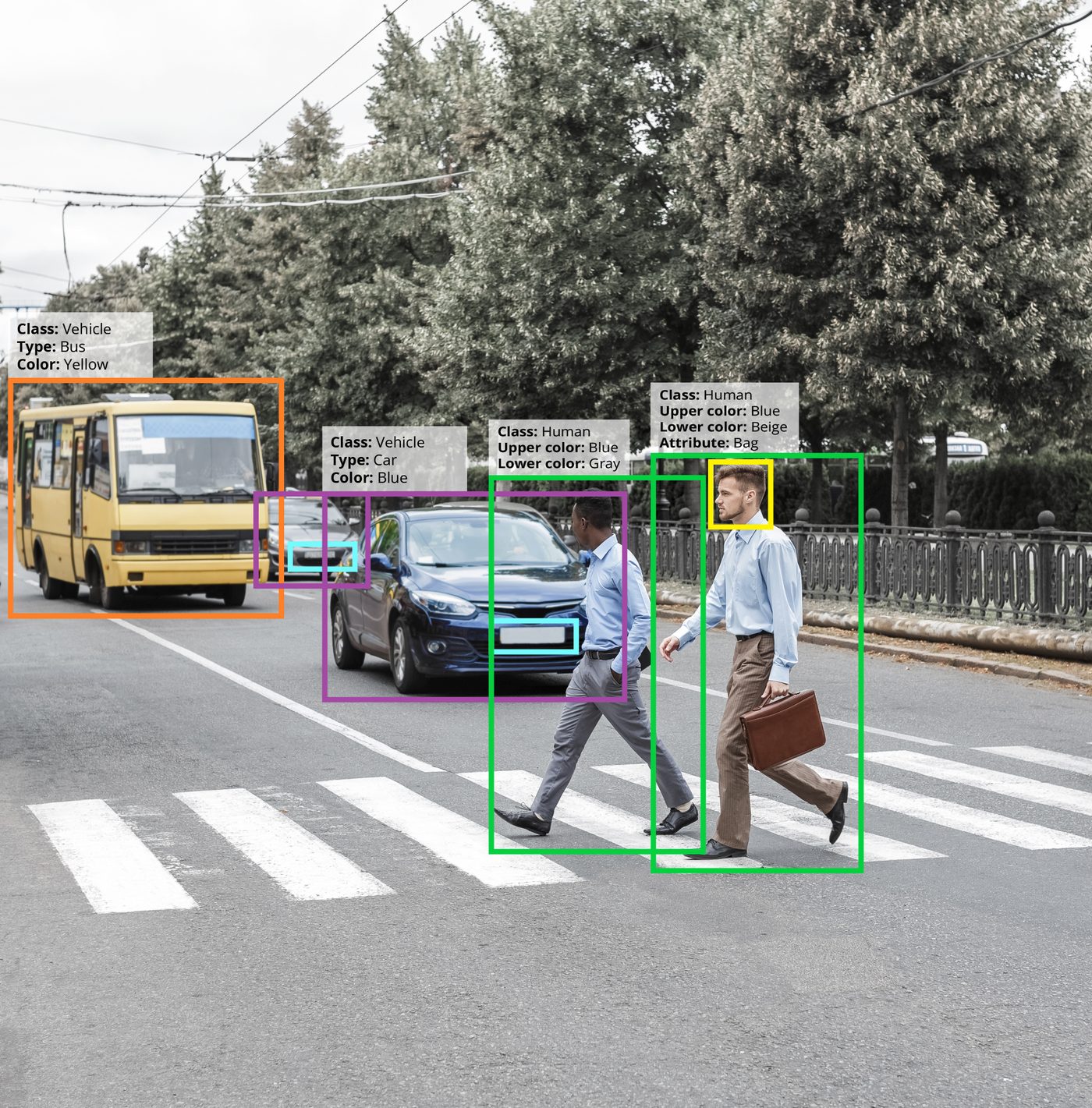 Computer vision detecting and classifying vehicles and pedestrians — class, type, colour, attributes and licence plates — in one pass.